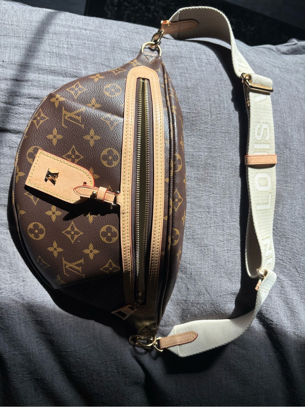 Louis Vuitton Brown Monogram Crossbody Belt Bag with Cream Strap